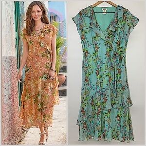 Sundance Spring Garden 100% Silk Surplice Midi Dress Size 10 in Aqua Green